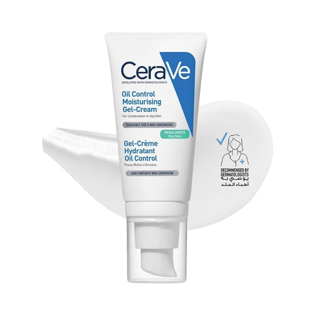 Refect Beauty Cerave Oil Control Moisturizing Gel-Cream in a white squeeze tube for oily skin with a cream swatch.