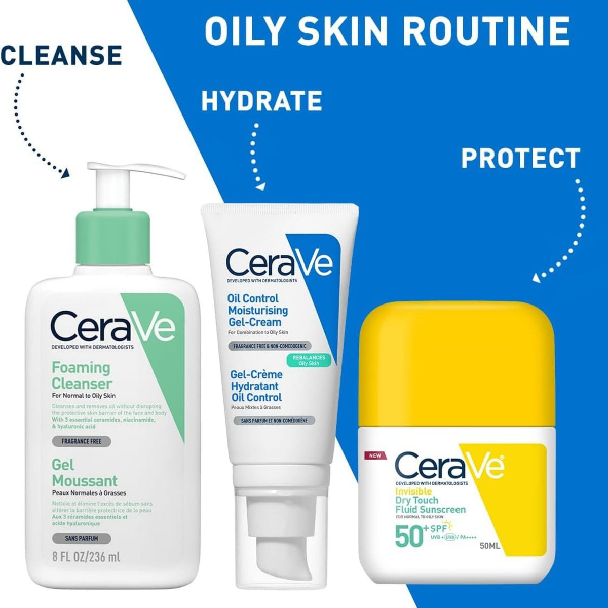 Refect Beauty CeraVe oily skin routine set featuring foaming cleanser, oil control gel-cream, and SPF 50+ fluid sunscreen
