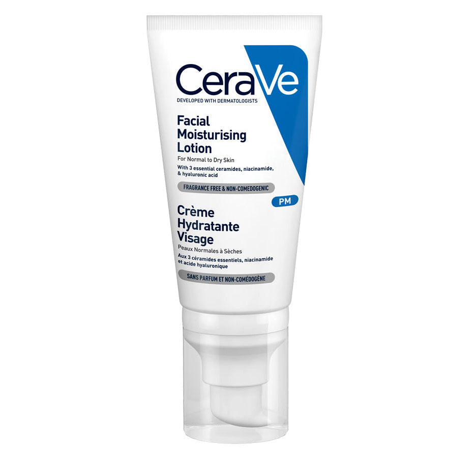 Refect Beauty CeraVe PM Facial Moisturizing Lotion in a white tube with blue branding for overnight skin hydration
