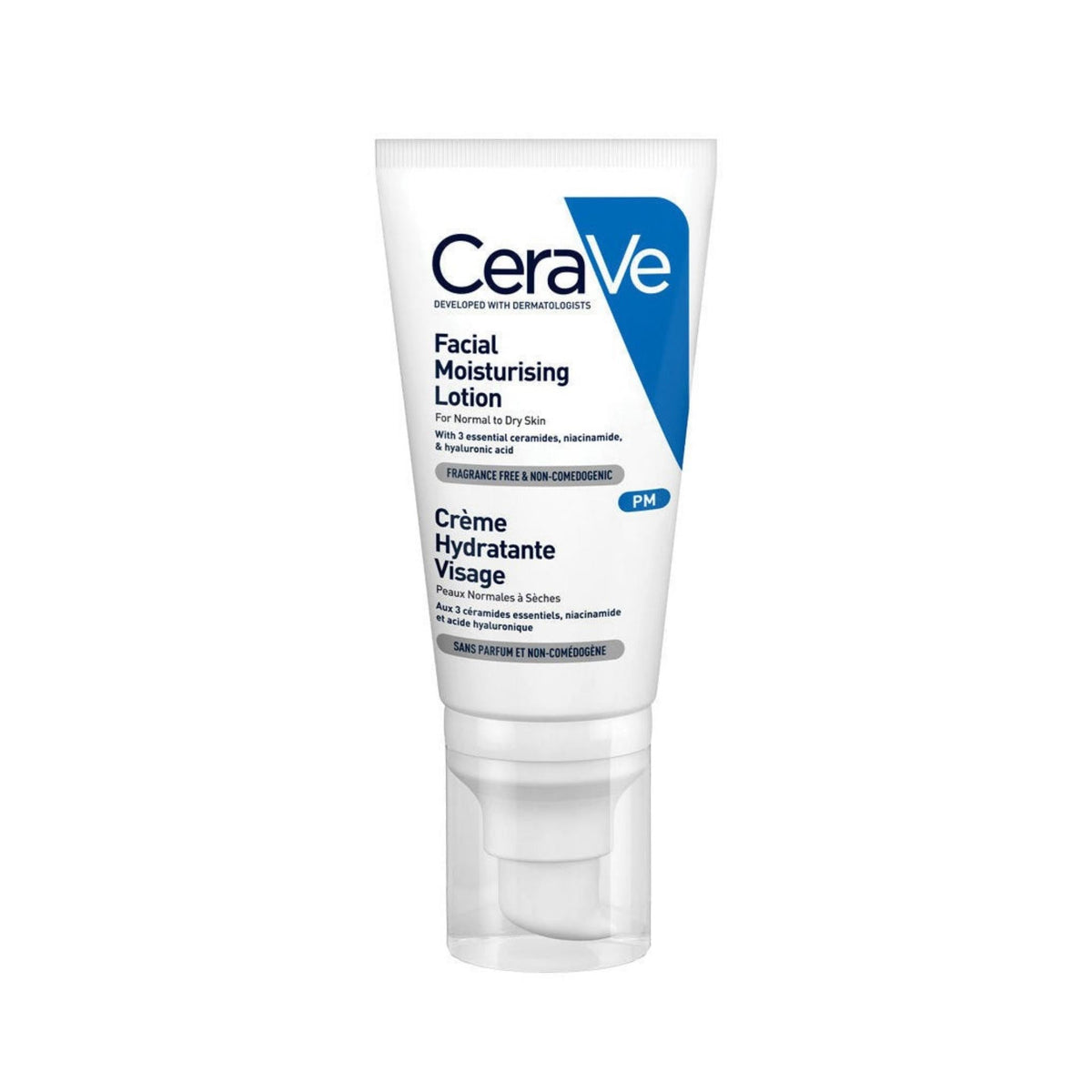 Refect Beauty CeraVe PM Facial Moisturizing Lotion in a white pump tube for overnight skin hydration and repair.