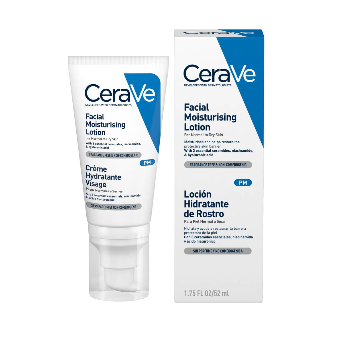 Refect Beauty CeraVe PM Facial Moisturizing Lotion tube and box with ceramides, hyaluronic acid, and niacinamide.