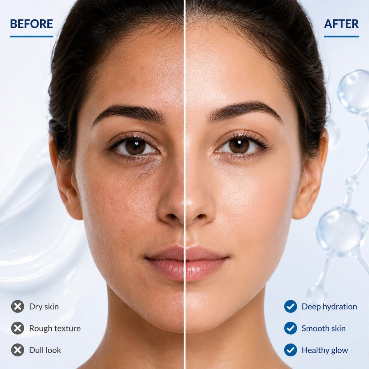 Refect Beauty comparison showing skin transformation from dry and dull to hydrated and smooth after using CeraVe lotion