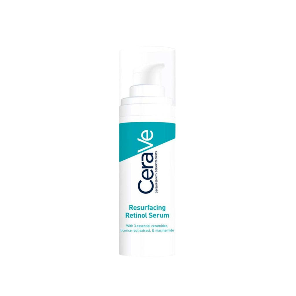 Refect Beauty CeraVe Resurfacing Retinol Serum bottle with a white pump dispenser for acne marks and skin texture.