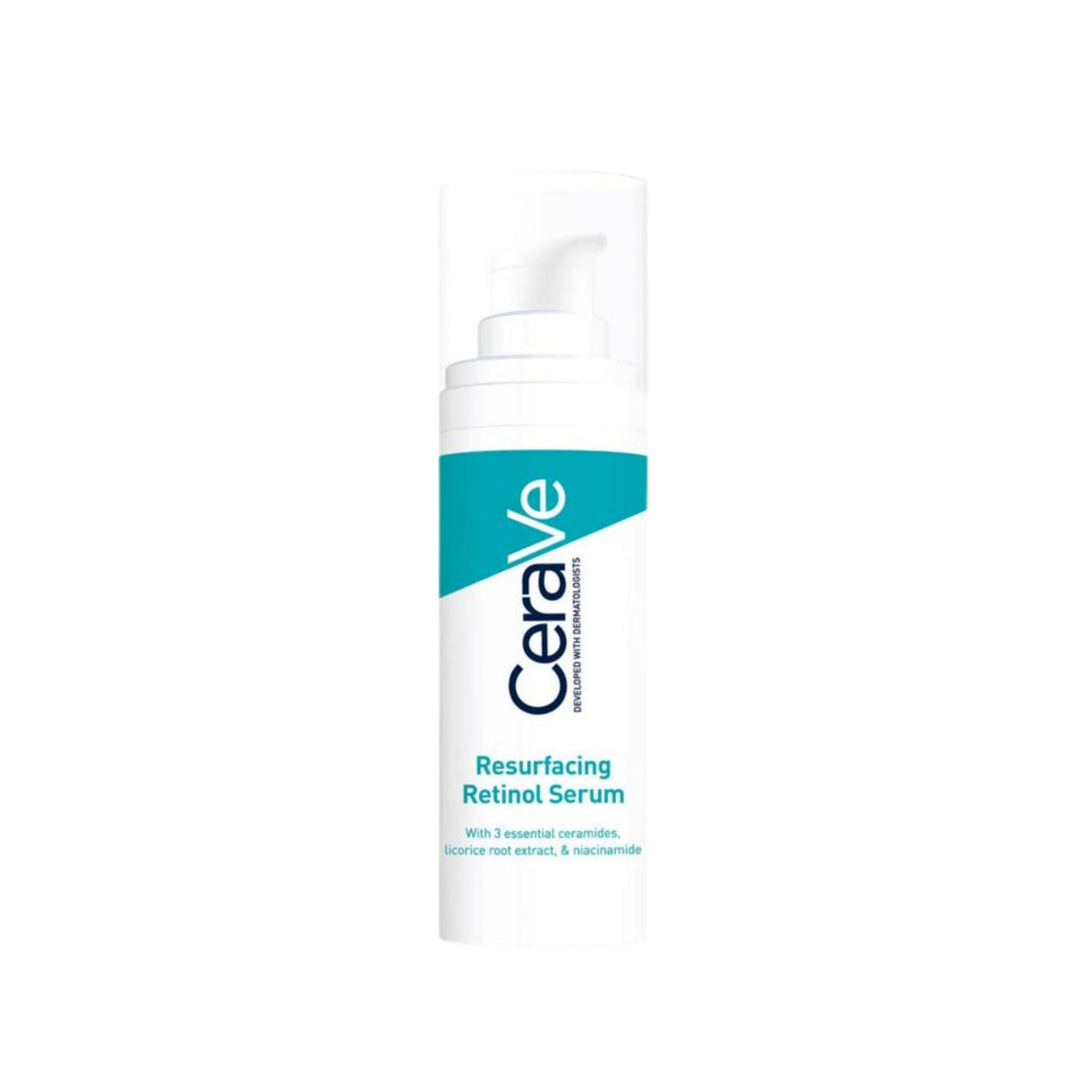 Refect Beauty CeraVe Resurfacing Retinol Serum bottle with a white pump dispenser for acne marks and skin texture.