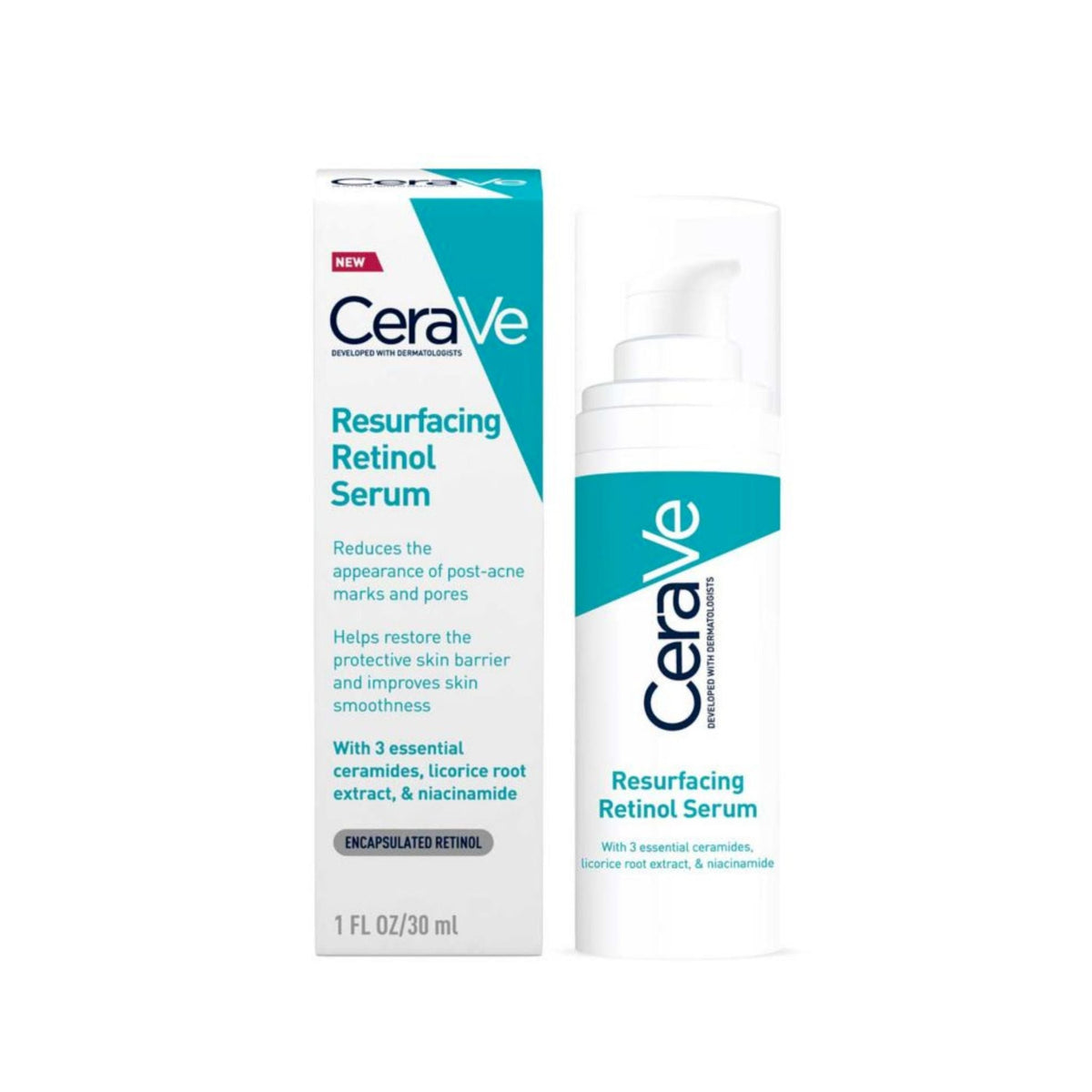 Refect Beauty CeraVe Resurfacing Retinol Serum bottle and packaging box for post-acne marks and skin texture
