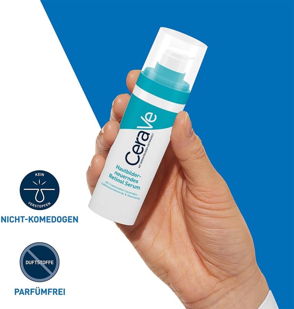 Refect Beauty CeraVe Resurfacing Retinol Serum bottle held in hand against a blue background