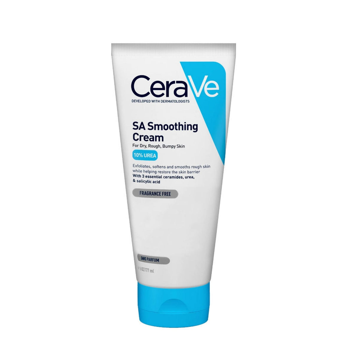 Refect Beauty CeraVe SA Smoothing Cream in a white tube with blue accents for exfoliating rough and bumpy skin.