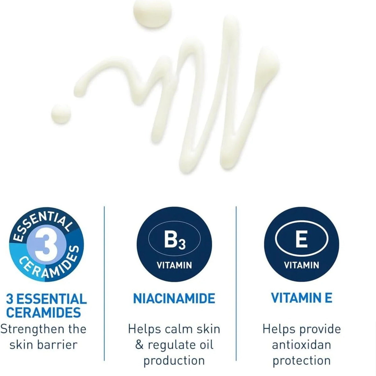 Refect Beauty CeraVe sunscreen fluid texture with icons for ceramides, niacinamide, and vitamin E benefits.