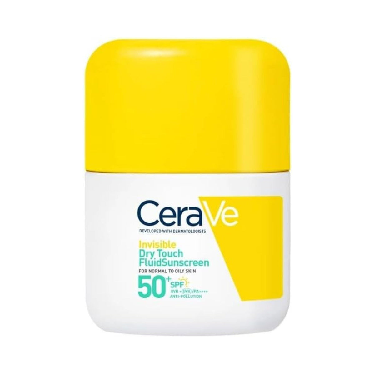 Refect Beauty CeraVe Invisible Dry Touch Fluid Sunscreen SPF 50+ in a white bottle with a bright yellow cap