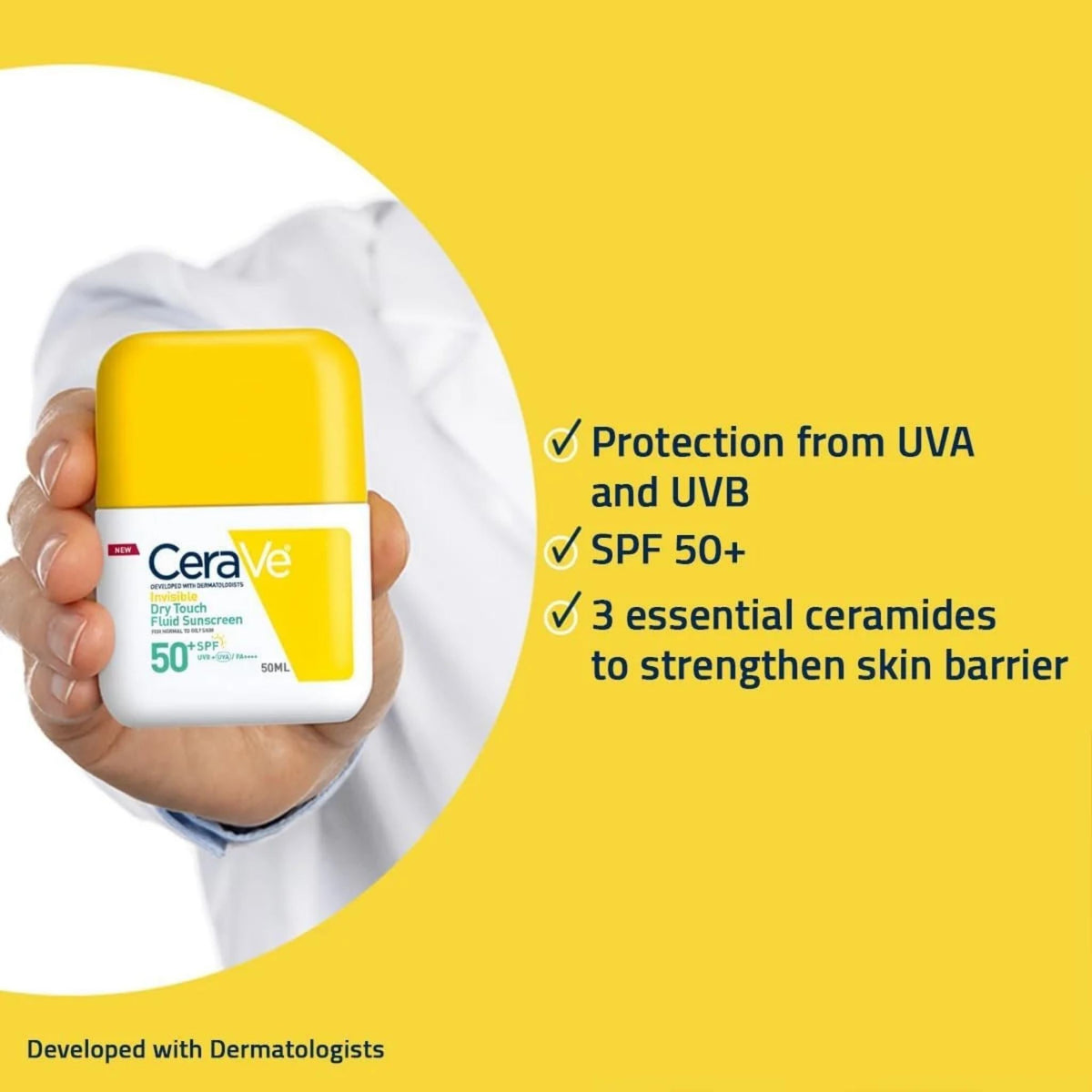 Refect Beauty CeraVe Invisible Dry Touch Fluid Sunscreen SPF 50+ bottle held in hand against a yellow background