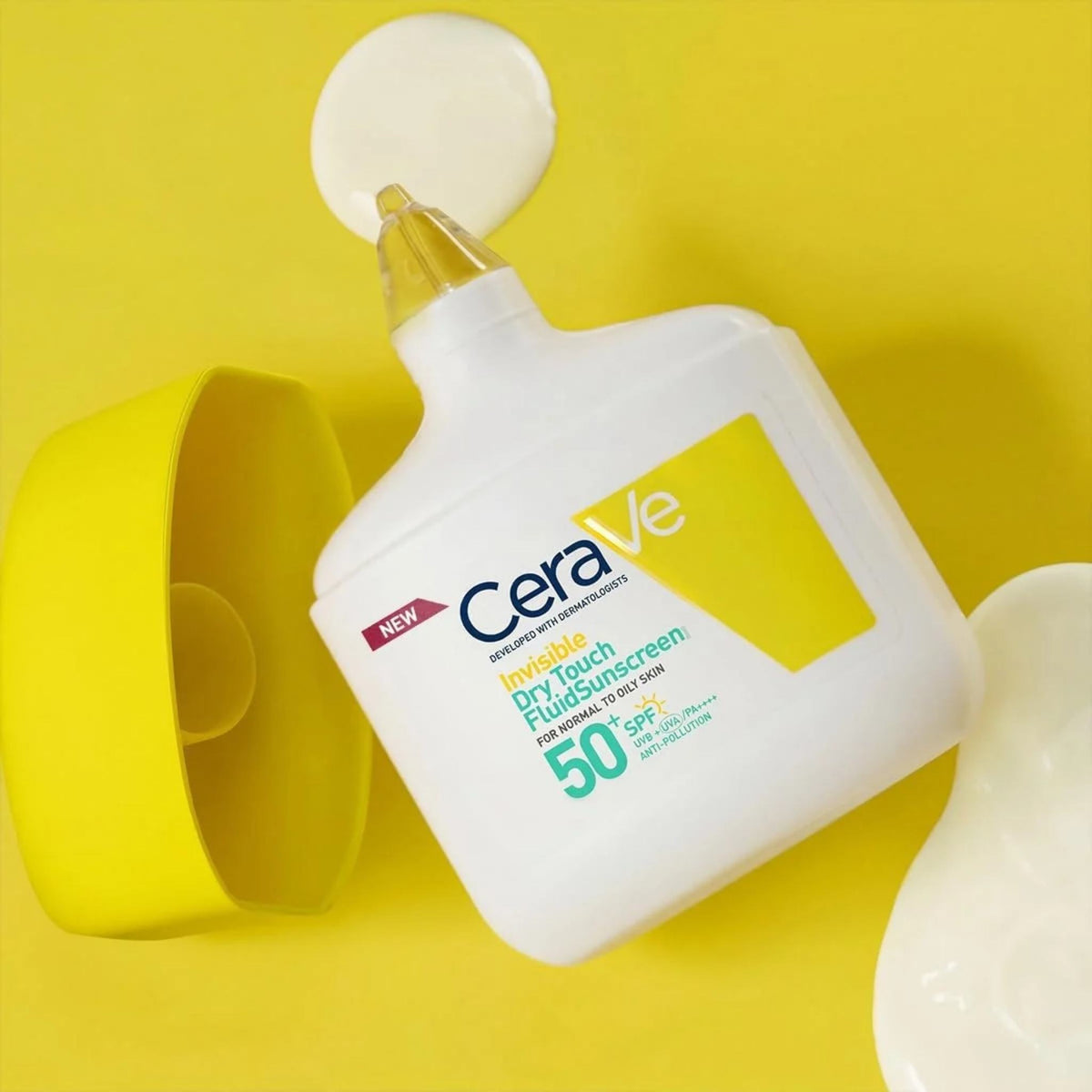 Refect Beauty CeraVe Invisible Dry Touch Fluid Sunscreen SPF 50+ bottle with yellow cap on a bright yellow background