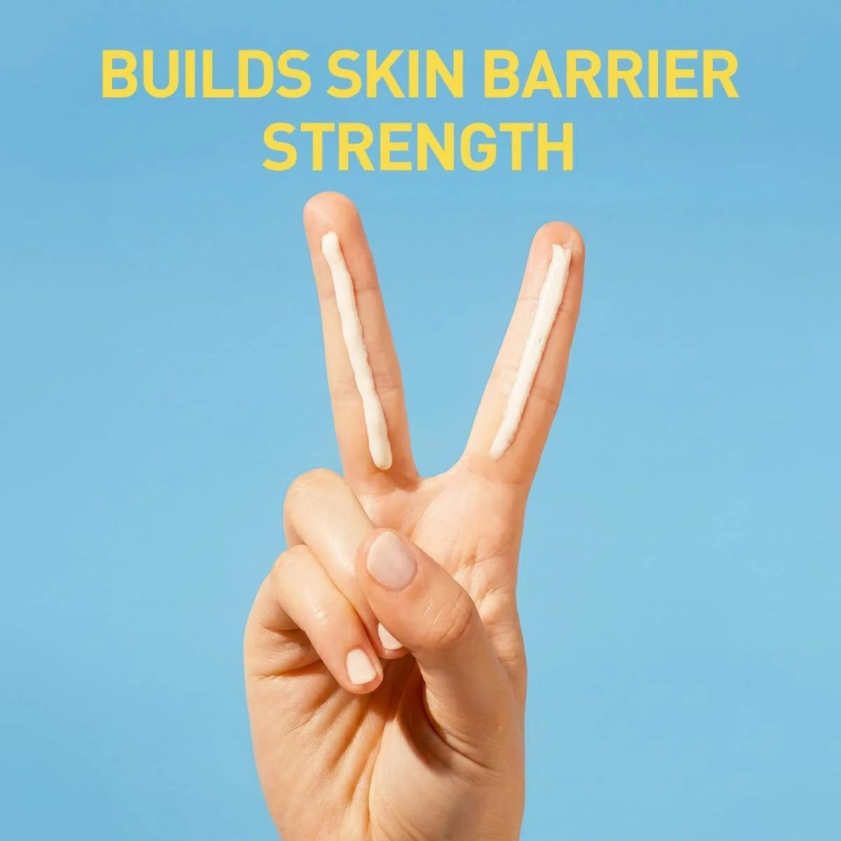 Refect Beauty CeraVe SPF 50+ sunscreen fluid applied on fingers in a peace sign against a blue background