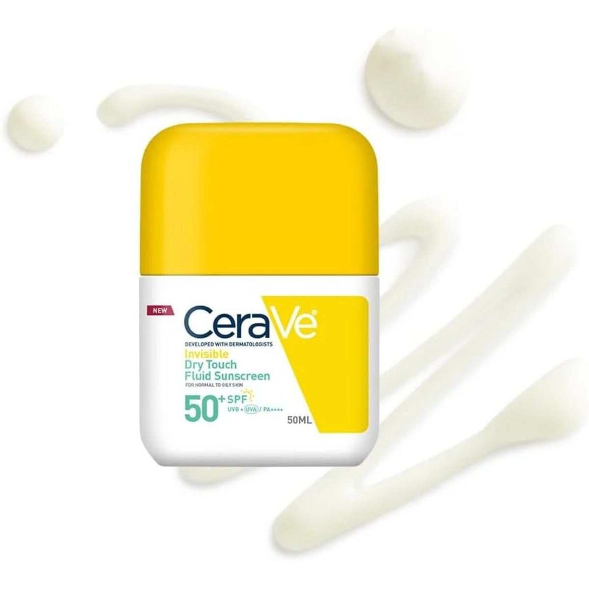 Refect Beauty CeraVe Invisible Dry Touch Fluid Sunscreen SPF 50+ in a white and yellow bottle with cream texture