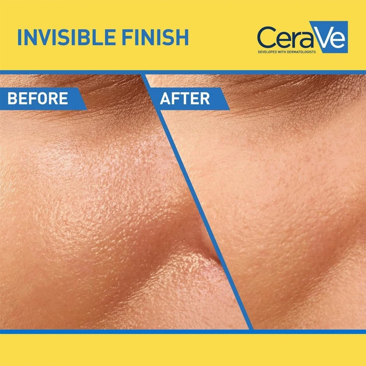 Refect Beauty CeraVe sunscreen comparison showing skin before and after application with an invisible dry-touch finish