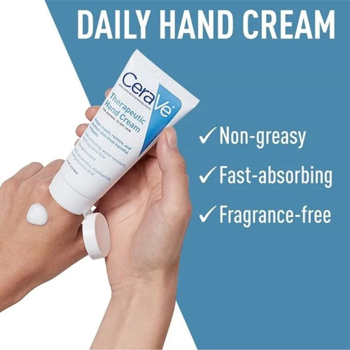Refect Beauty CeraVe Therapeutic Hand Cream being applied to skin, showing non-greasy, fast-absorbing texture.