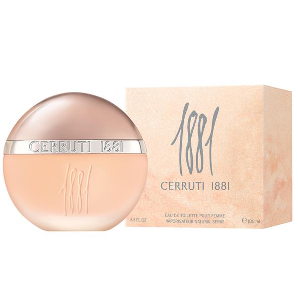 Refect Beauty Cerruti 1881 pour Femme eau de toilette in a round peach-toned glass bottle with its matching box.