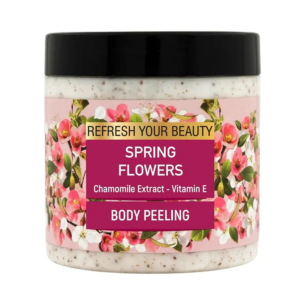 Refect Beauty Oriense Spring Flowers Chamomile body scrub in a clear jar with a floral label and black lid