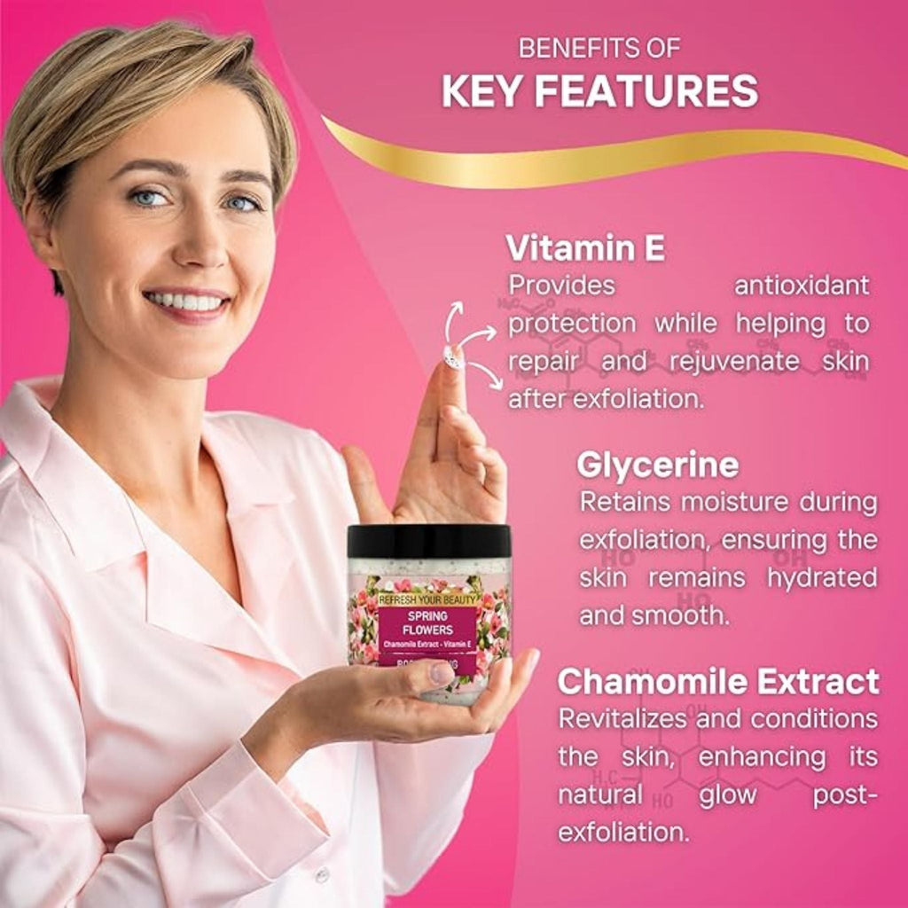 Refect Beauty Oriense body scrub with chamomile held by a smiling woman against a pink background with text overlays.
