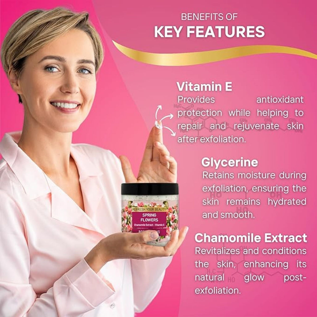Refect Beauty Oriense body scrub with chamomile held by a smiling woman against a pink background with text overlays.