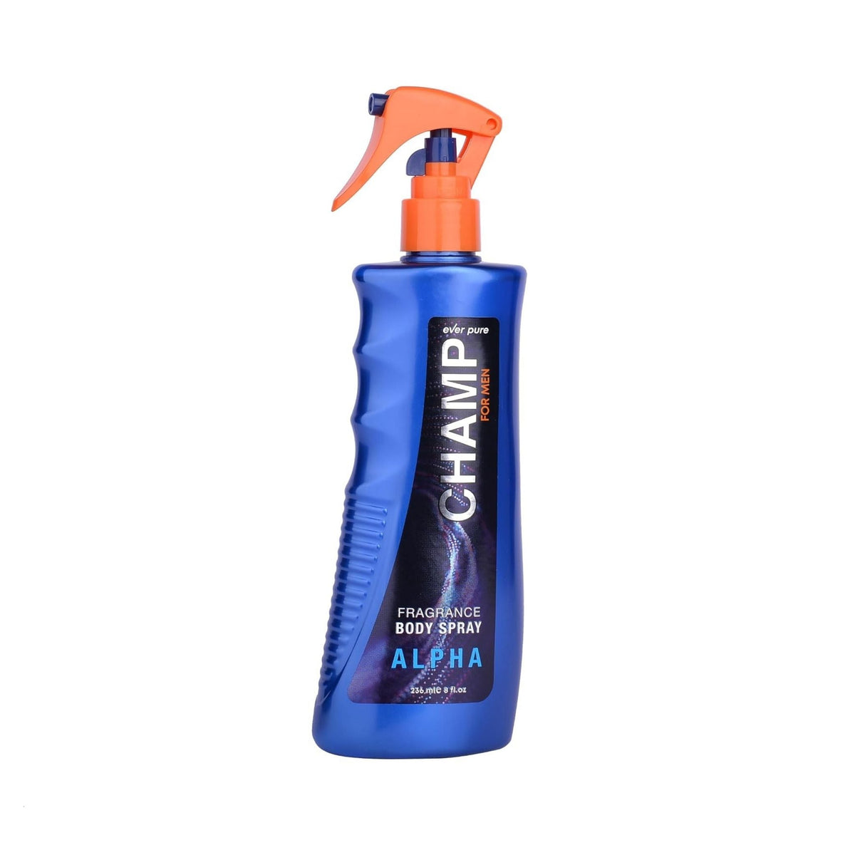 Refect Beauty Ever Pure Champ Alpha body spray for men in a blue bottle with an orange trigger spray nozzle