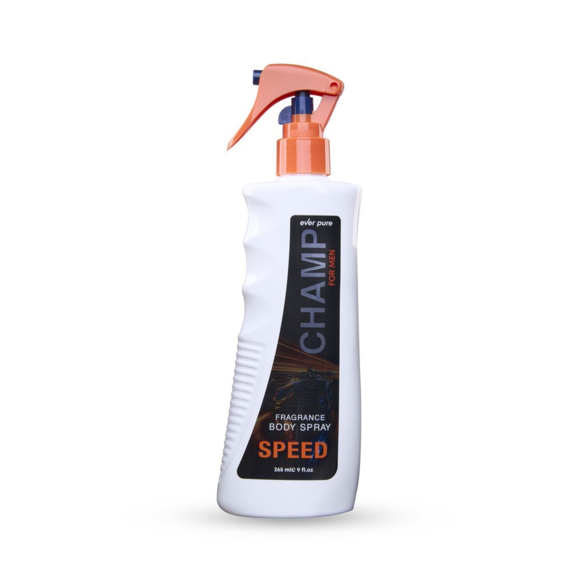 Refect Beauty Ever Pure Champ Speed body spray for men in a white bottle with an orange trigger spray nozzle.