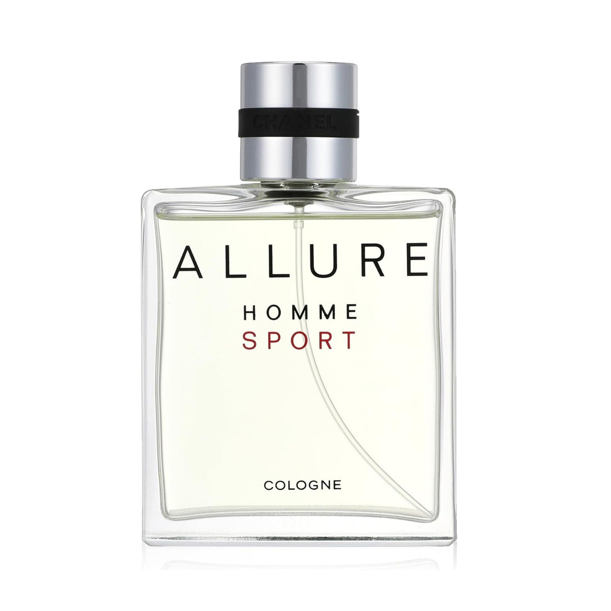 Refect Beauty Chanel Allure Homme Sport Cologne in a clear glass bottle with a silver cap and minimalist black text