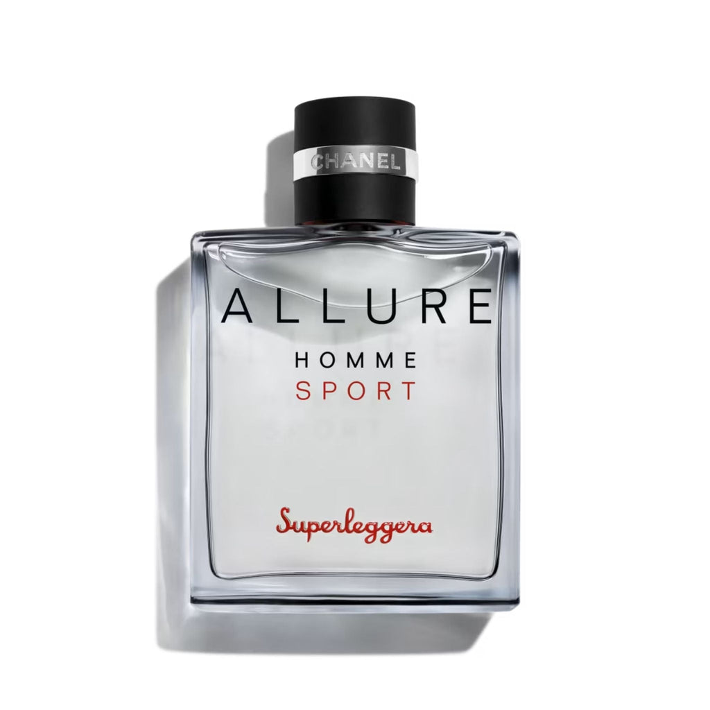 Refect Beauty Chanel Allure Homme Sport Superleggera eau de parfum in a clear smoked glass bottle with red lettering.