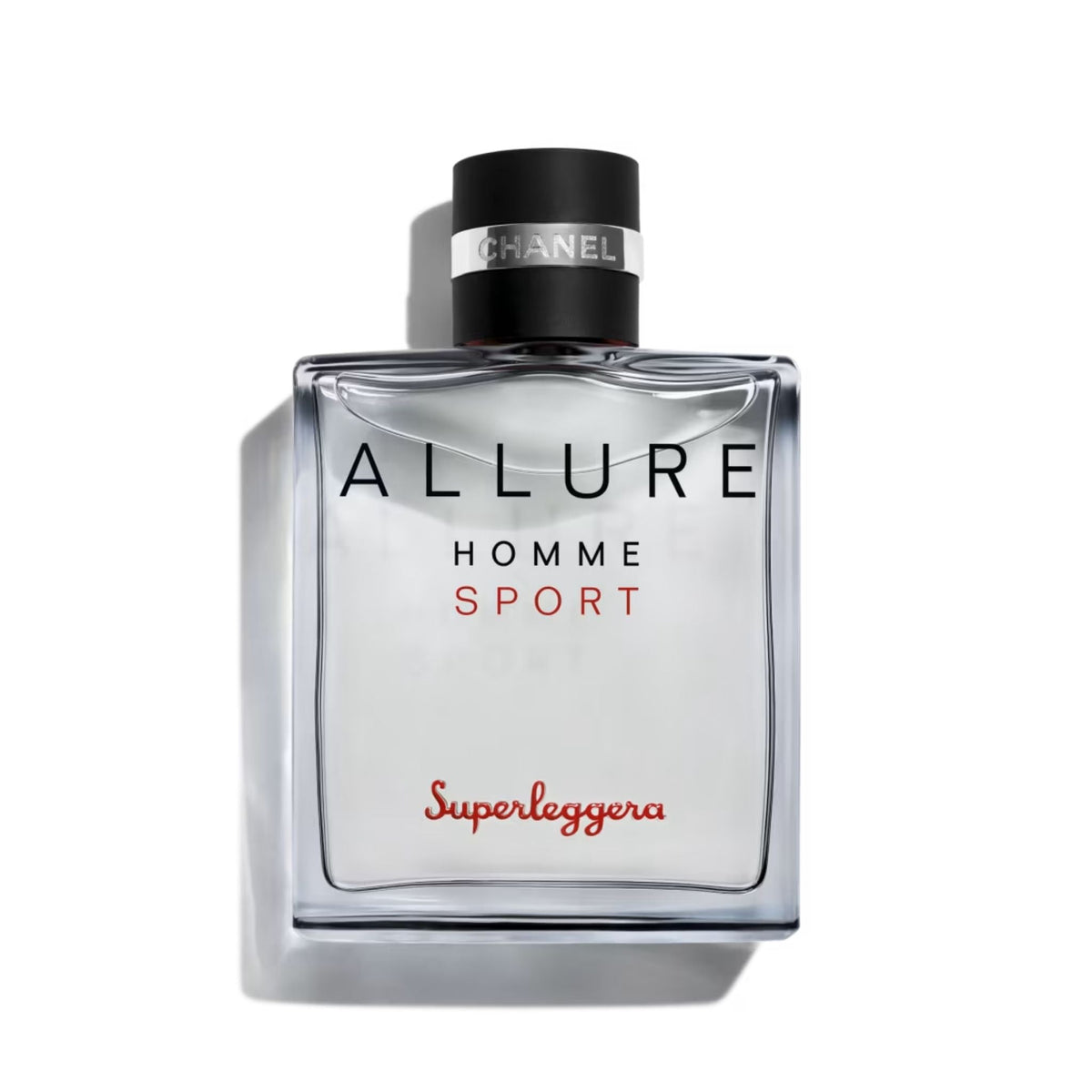 Refect Beauty Chanel Allure Homme Sport Superleggera eau de parfum in a clear smoked glass bottle with red lettering.