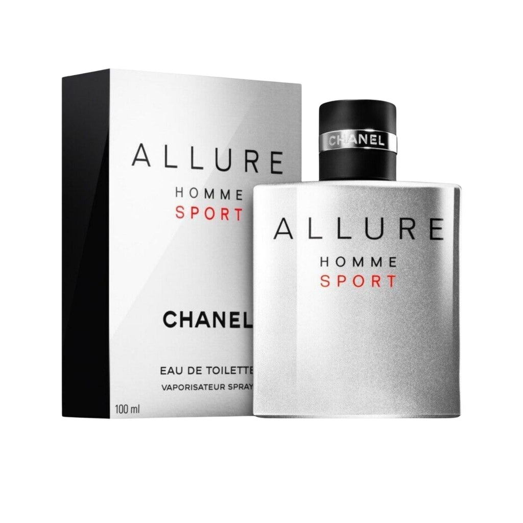 Refect Beauty Chanel Allure Homme Sport Eau de Toilette 100ml bottle and box, a fresh woody spicy fragrance for men.