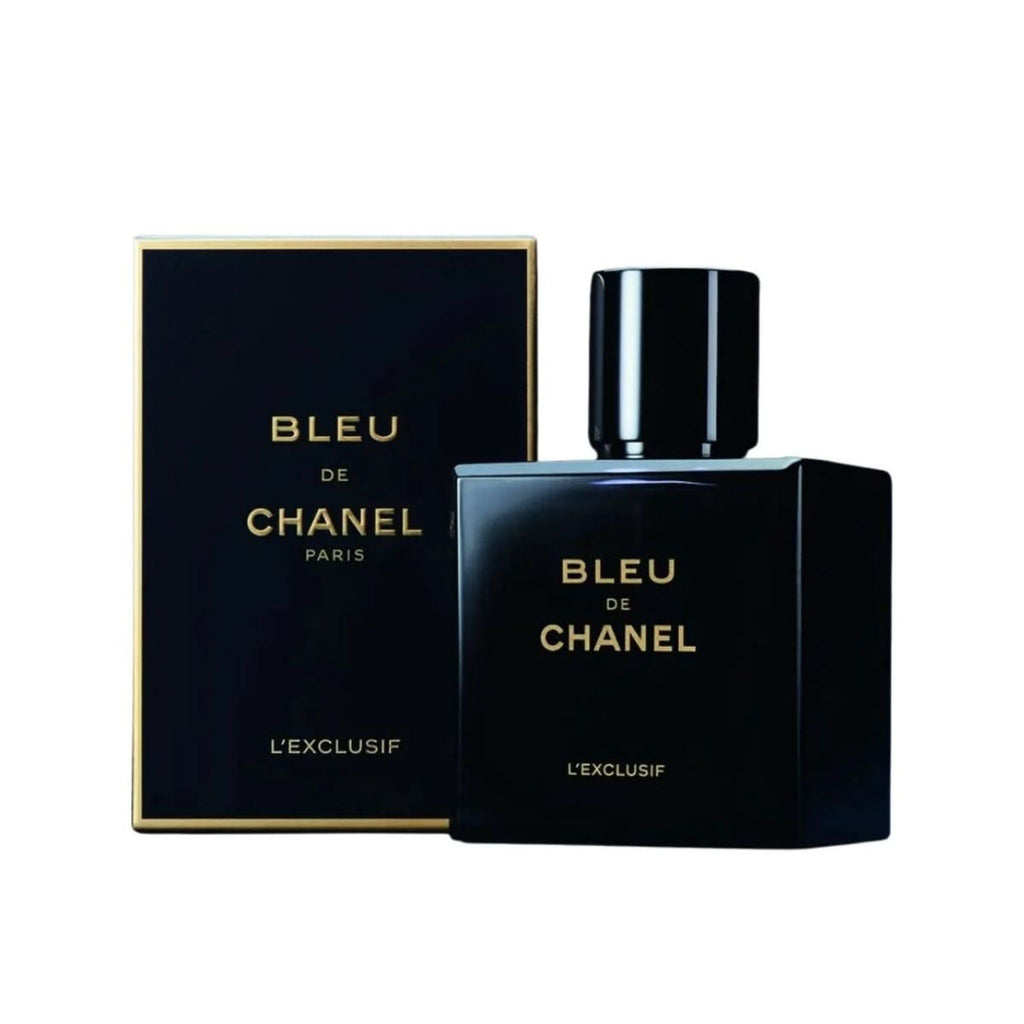 Refect Beauty Chanel Bleu de Chanel L’Exclusif Parfum bottle and black box with gold lettering on white background