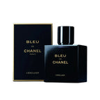 Refect Beauty Chanel Bleu de Chanel L’Exclusif Parfum bottle and black box with gold lettering on white background