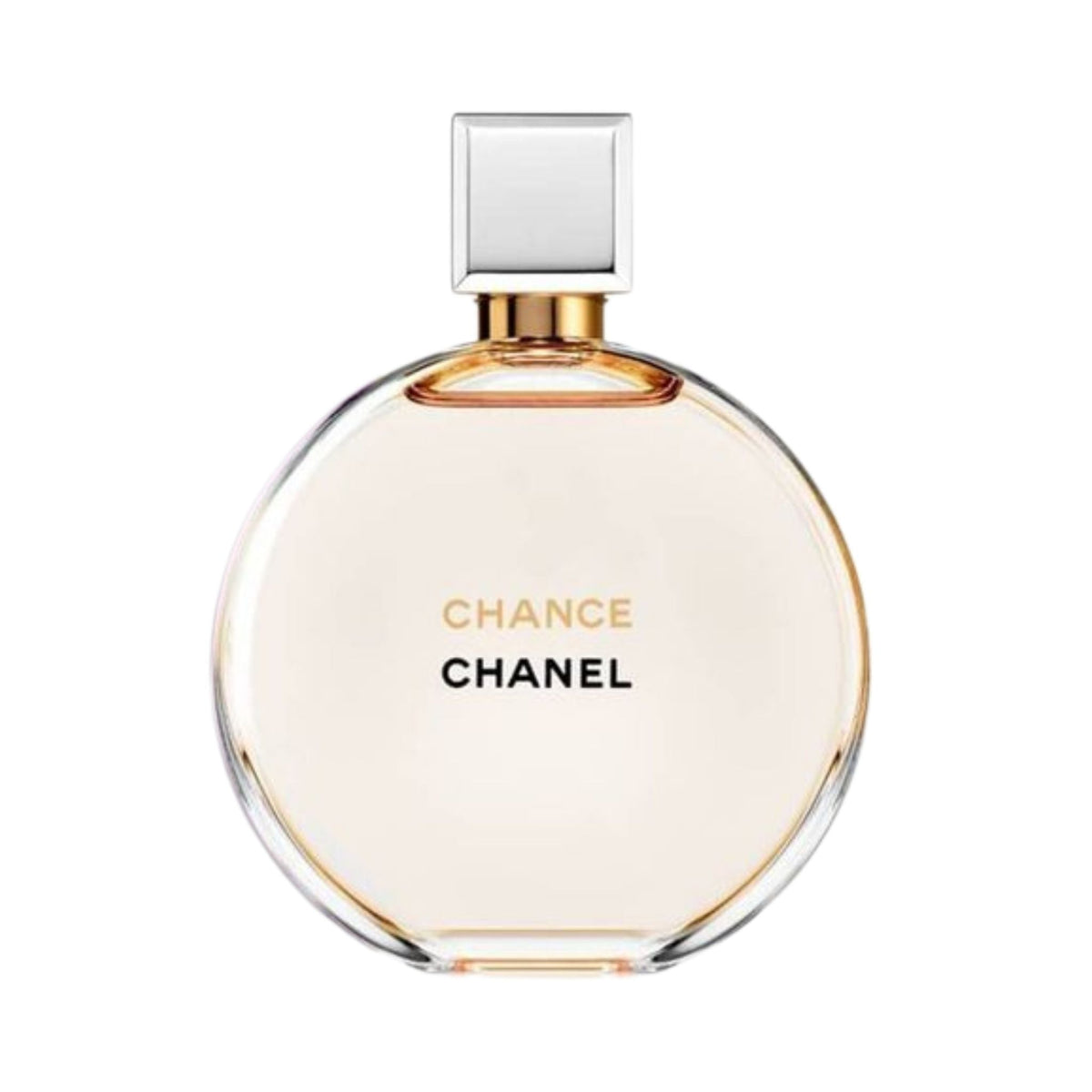 Refect Beauty Chanel Chance Eau de Parfum in a round glass bottle with a silver cap and soft peach fragrance liquid.