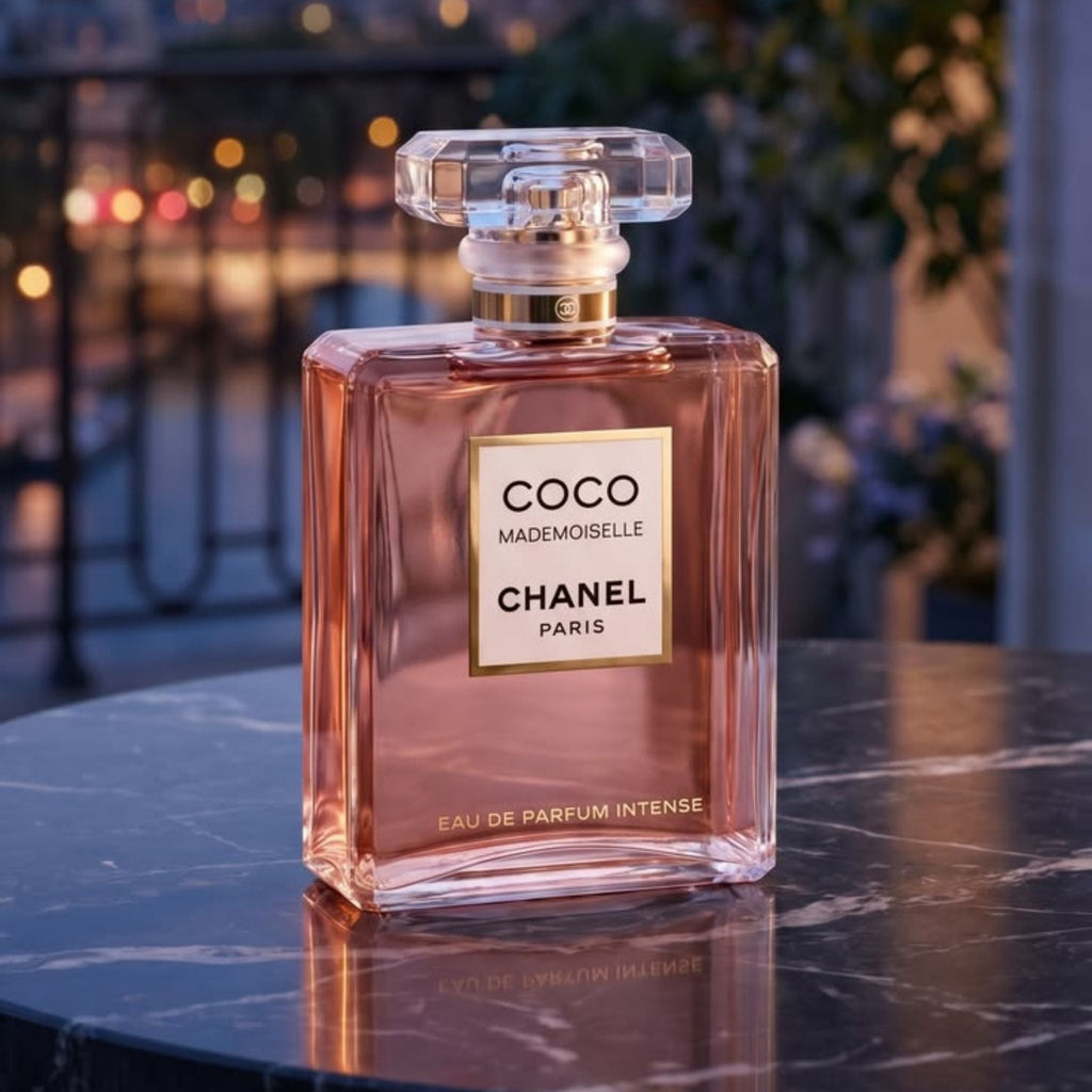 Refect Beauty Chanel Coco Mademoiselle Intense perfume bottle on a marble table with a blurred evening city background