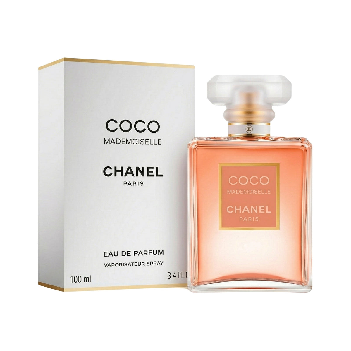 Refect Beauty Chanel Coco Mademoiselle Eau de Parfum bottle and white packaging box with peach-toned fragrance