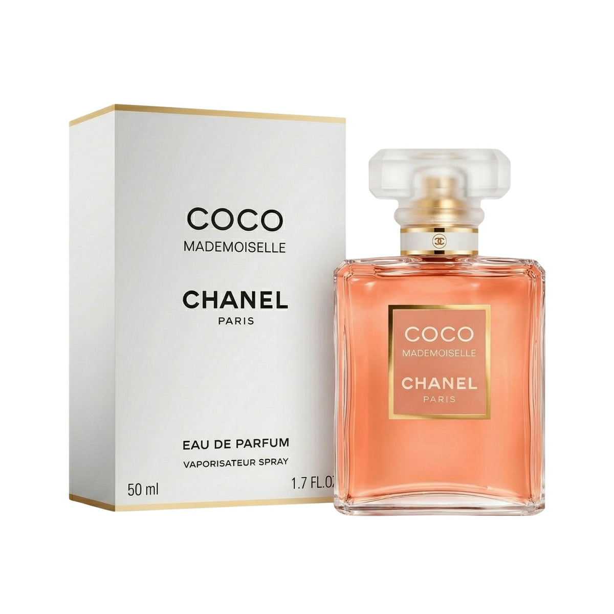 Refect Beauty Chanel Coco Mademoiselle Eau de Parfum bottle and box with peach-toned fragrance and gold accents