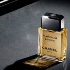 Refect Beauty Chanel Égoïste Platinum Eau de Toilette glass bottle with black cap on a dark reflective surface.