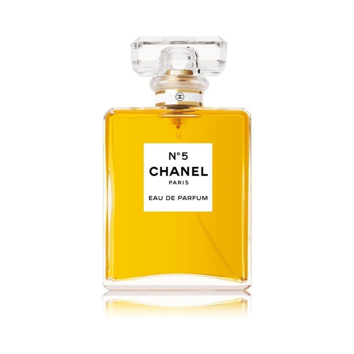 Refect Beauty Chanel No. 5 Eau de Parfum in a classic glass bottle with a clear stopper and golden fragrance liquid.