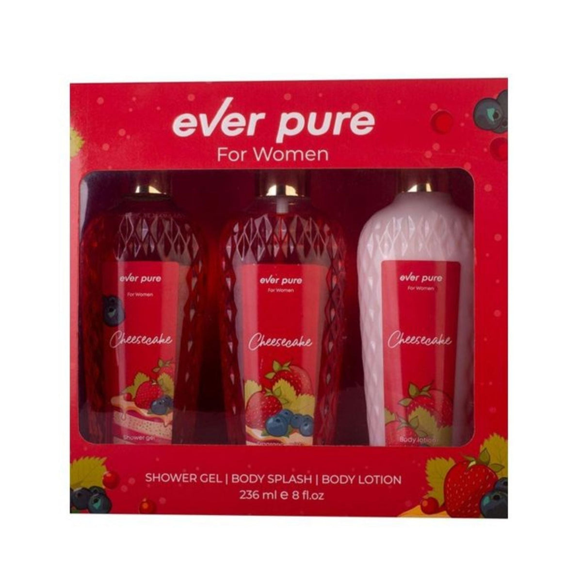 Refect Beauty Ever Pure Cheesecake body care gift set featuring shower gel, body splash, and body lotion.