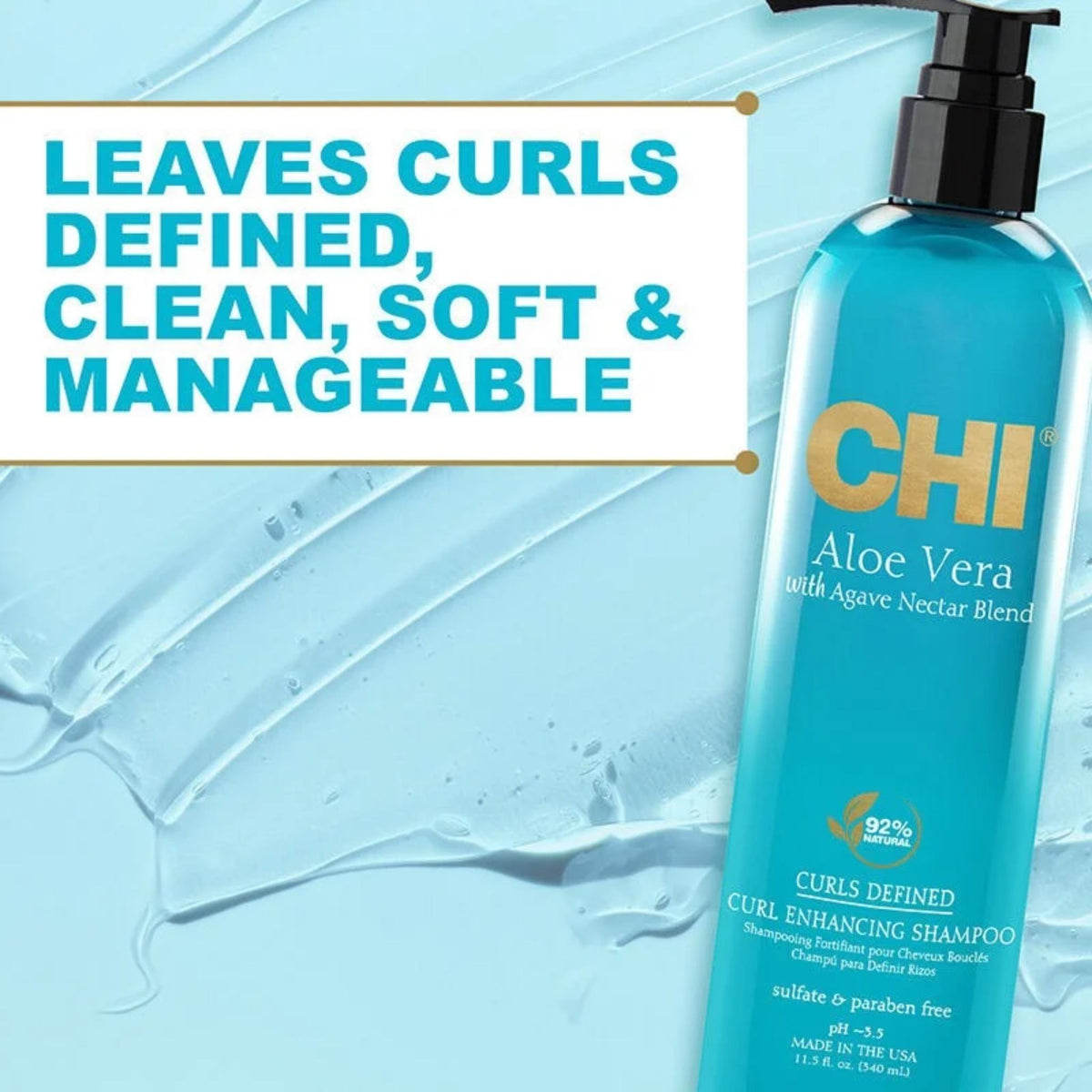 Refect Beauty CHI Aloe Vera Curl Enhancing Shampoo bottle with pump dispenser against a blue gel background