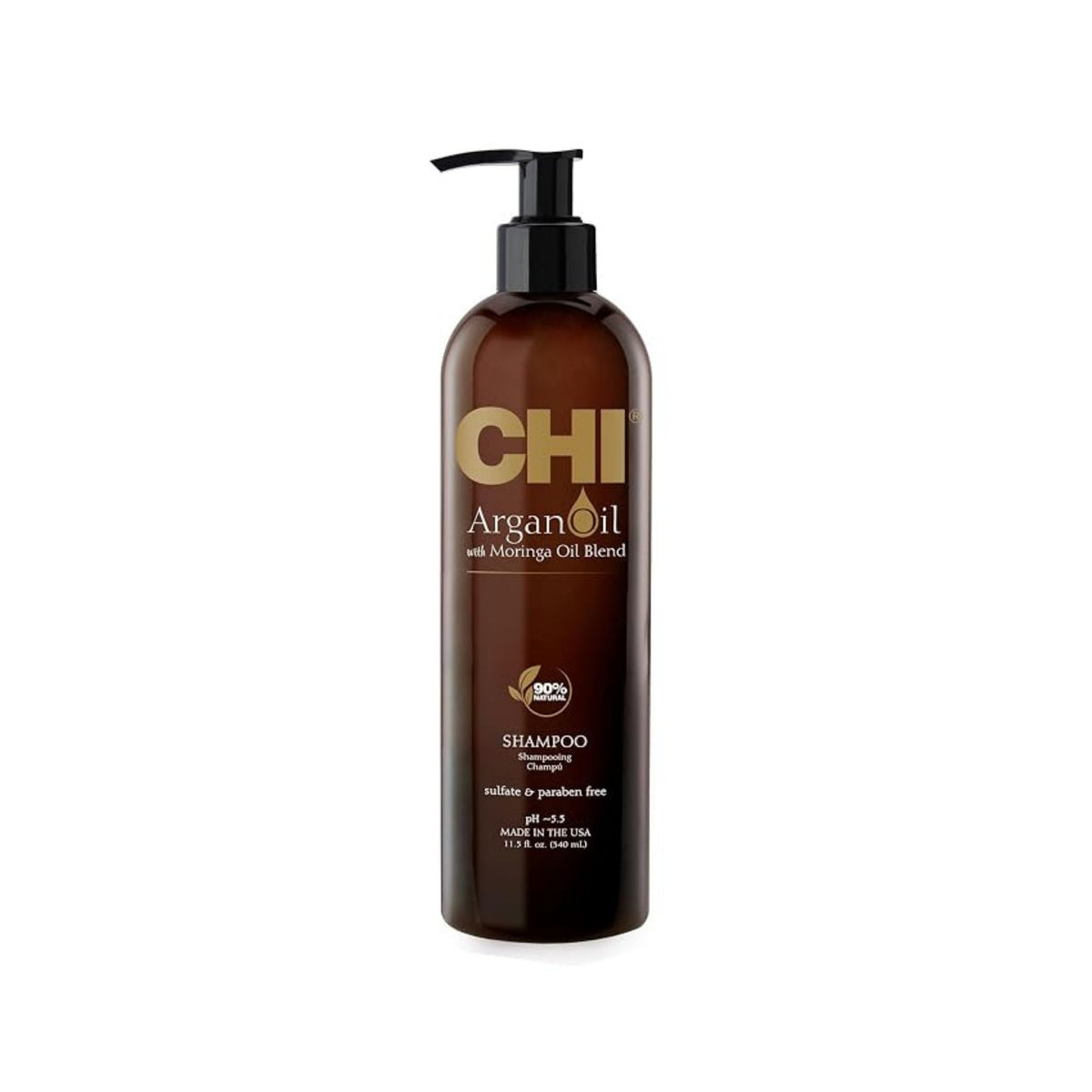 Refect Beauty CHI Argan Oil Shampoo in a brown 11.5 oz bottle with a black pump dispenser for dry or damaged hair.