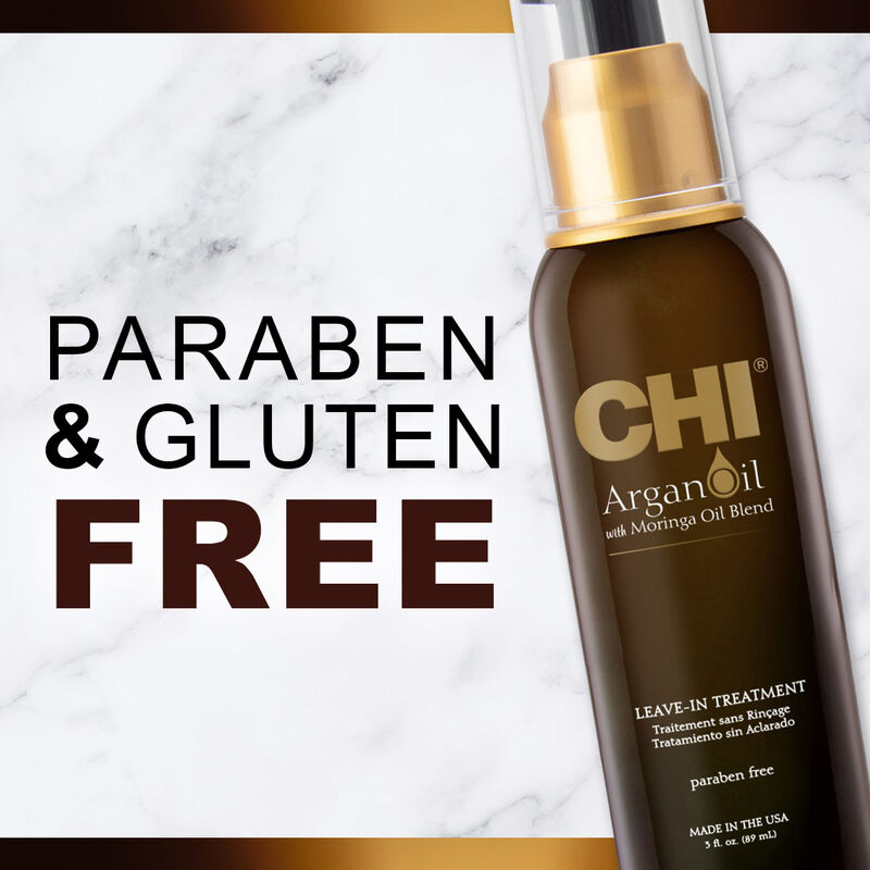 Refect Beauty CHI Argan Oil Leave-In Treatment bottle on a marble surface, highlighting paraben and gluten-free formula