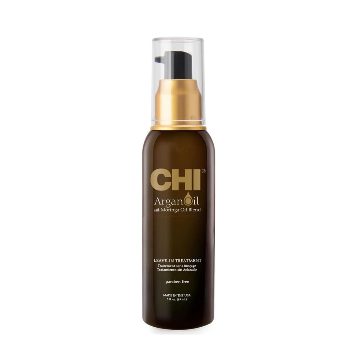 Refect Beauty CHI Argan Oil Leave-In Treatment in a brown pump bottle for nourishing and smoothing damaged hair.