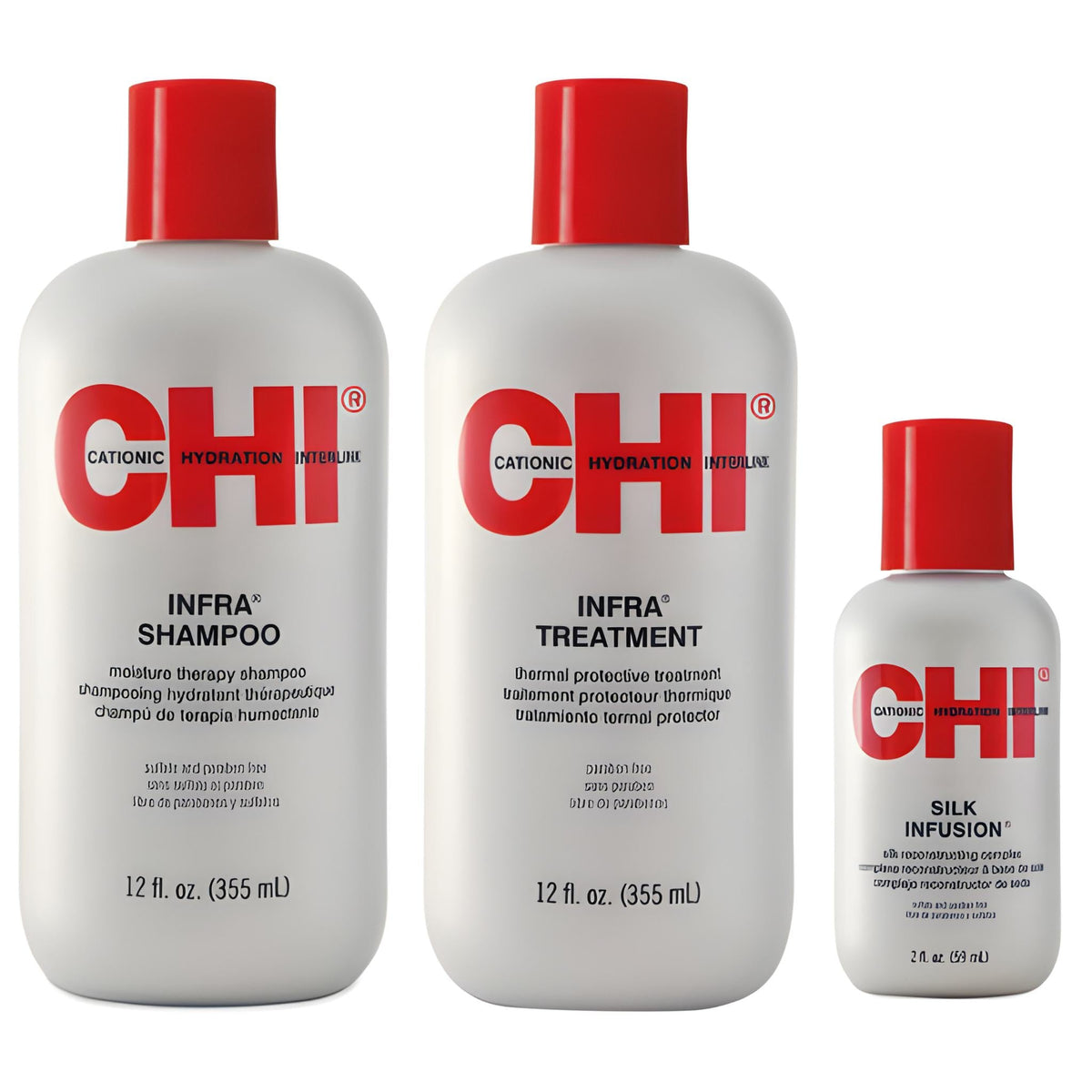 Refect Beauty CHI hair care kit featuring Infra Shampoo, Infra Treatment, and Silk Infusion in white bottles.