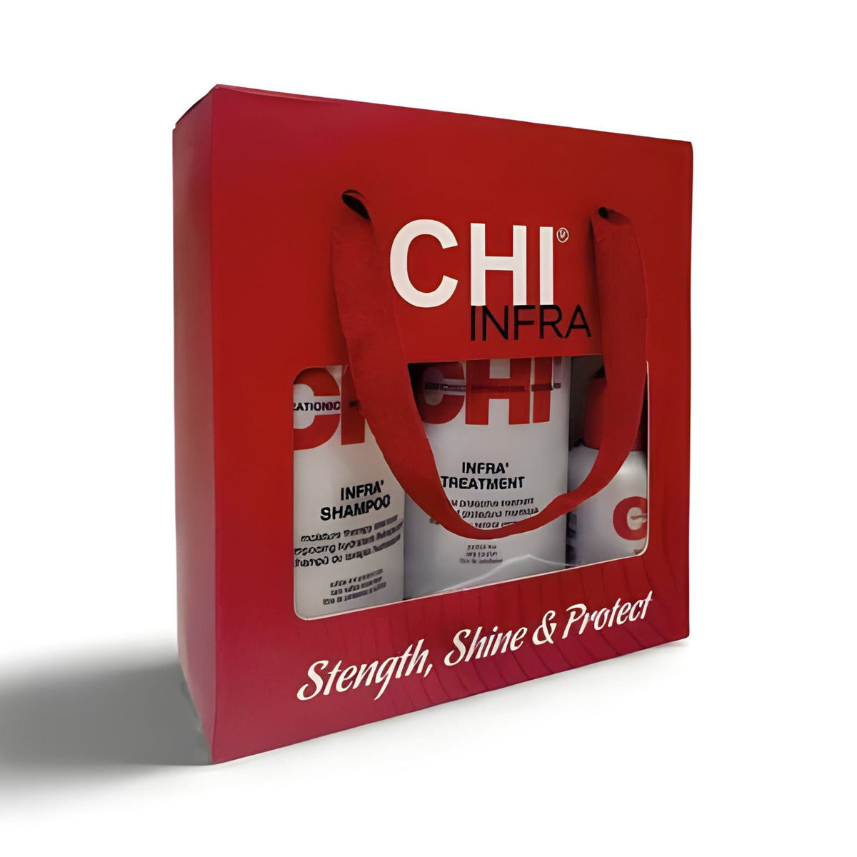 Refect Beauty CHI Infra hair care gift set featuring shampoo, treatment, and silk infusion in a red presentation box.