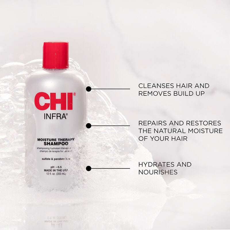 Refect Beauty CHI Infra Moisture Therapy Shampoo bottle with red cap in soapy water, highlighting hair benefits.