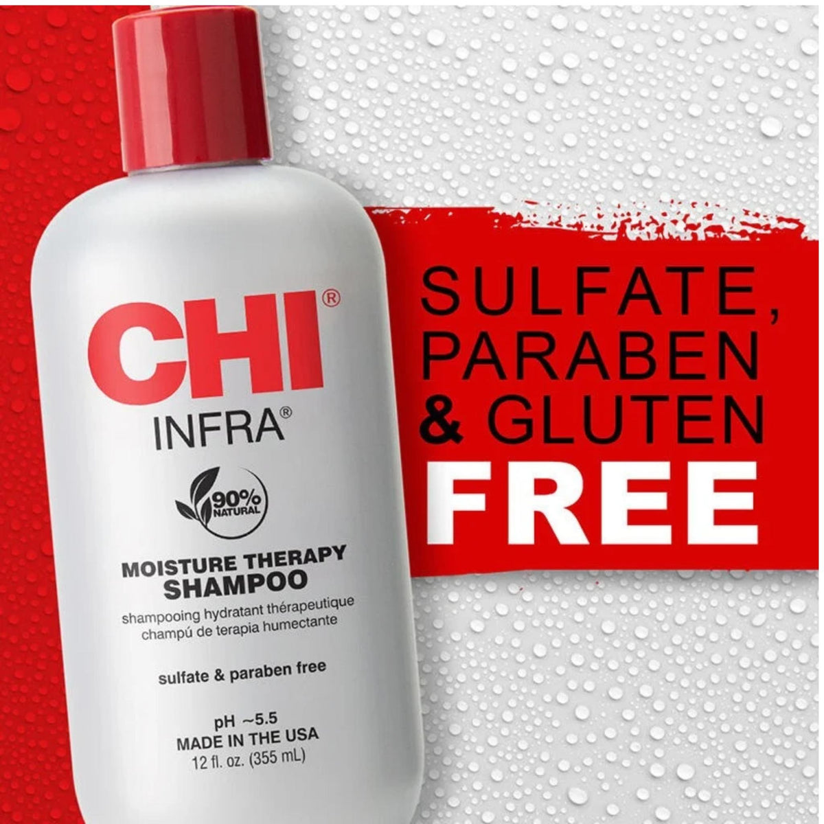 Refect Beauty CHI Infra Moisture Therapy Shampoo bottle against a red background with water droplets