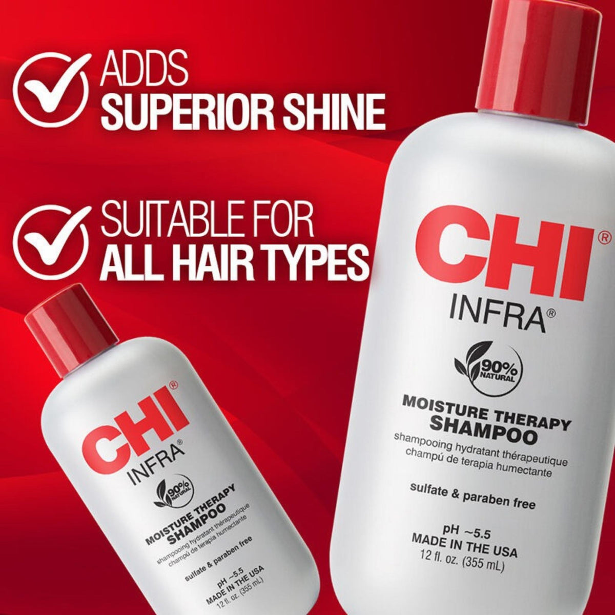 Refect Beauty CHI Infra Moisture Therapy Shampoo bottles for dry and damaged hair with red background and text overlays