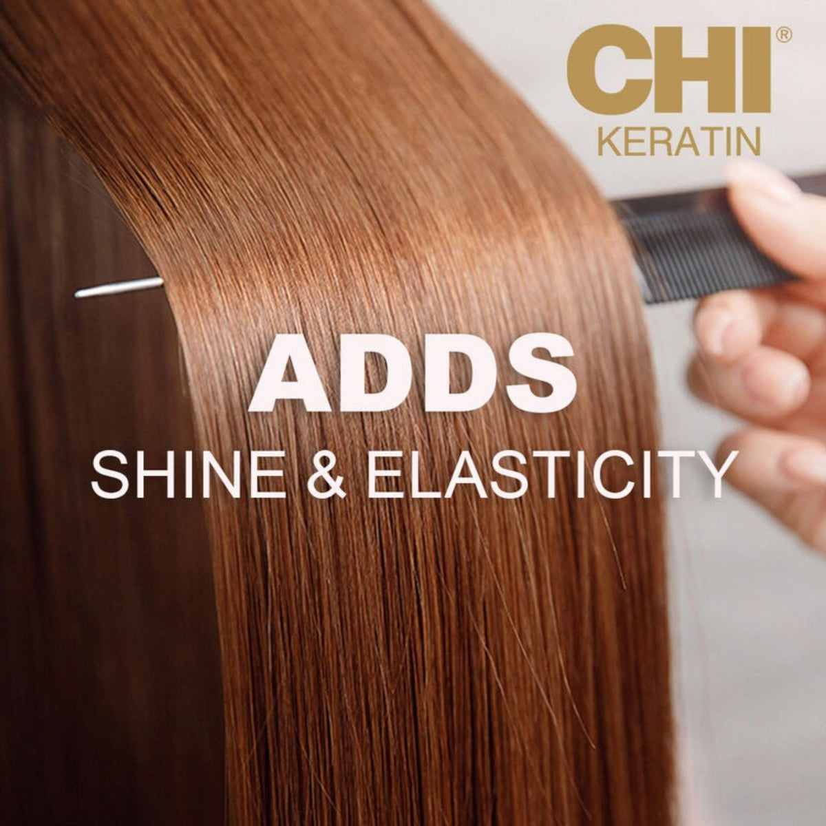 Refect Beauty CHI Keratin Reconstructing Shampoo bottle branding with smooth, shiny brown hair being combed