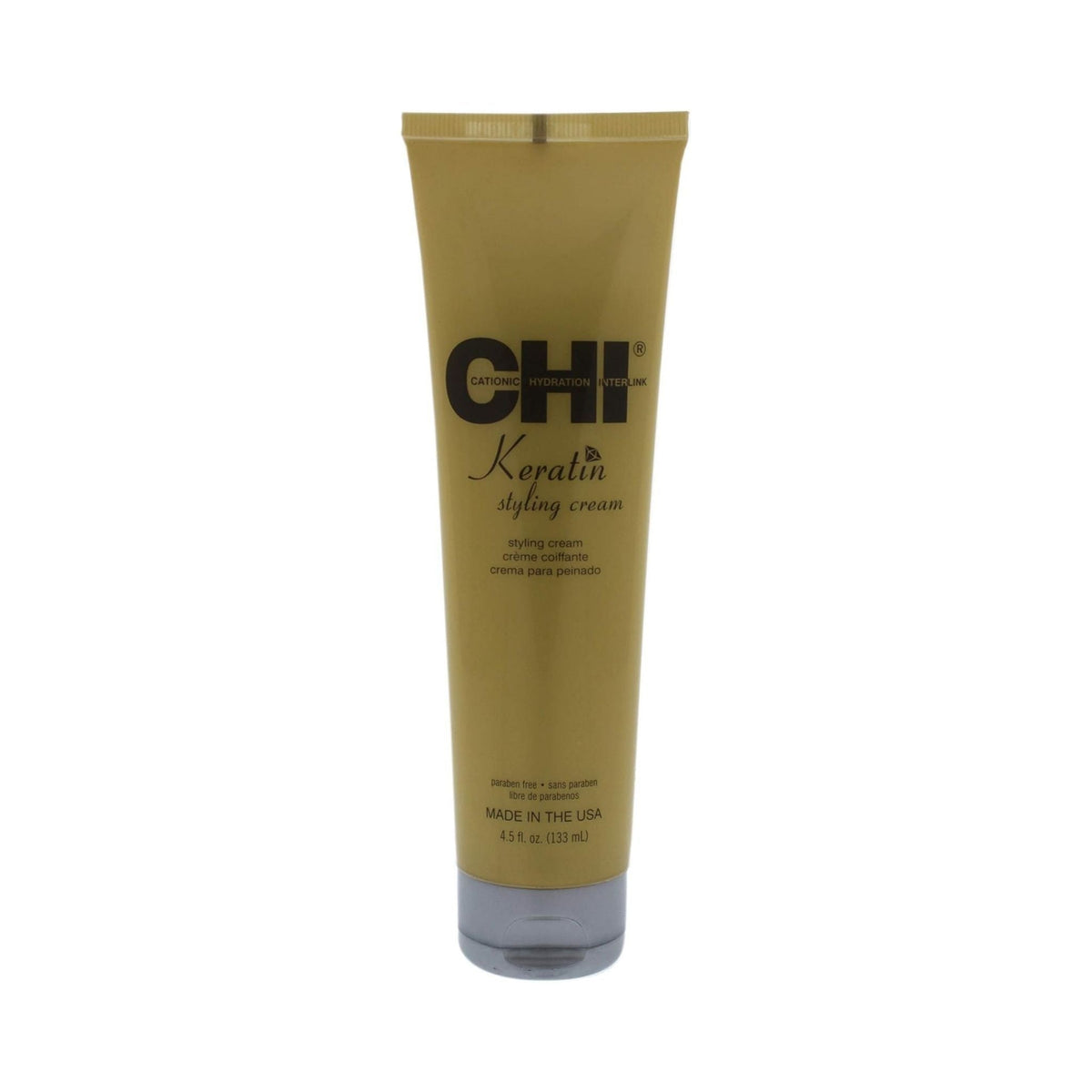 Refect Beauty CHI Keratin Styling Cream in a gold squeeze tube for frizz control and heat protection