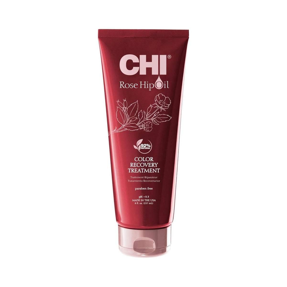Refect Beauty CHI Rose Hip Oil color recovery treatment in a deep red tube for nourishing damaged hair